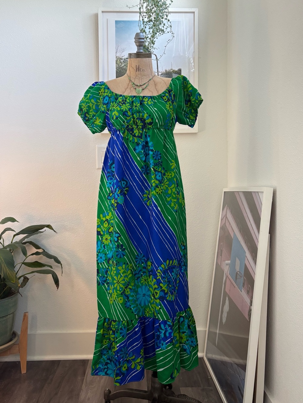 Vintage KoleKole Green & Blue Floral Midi Dress, Size Medium